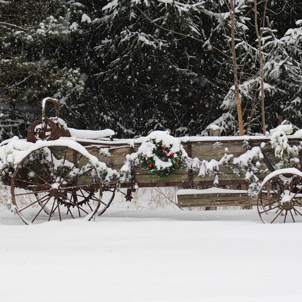 winter wagon wooden sleigh covered garland and snow sits outside